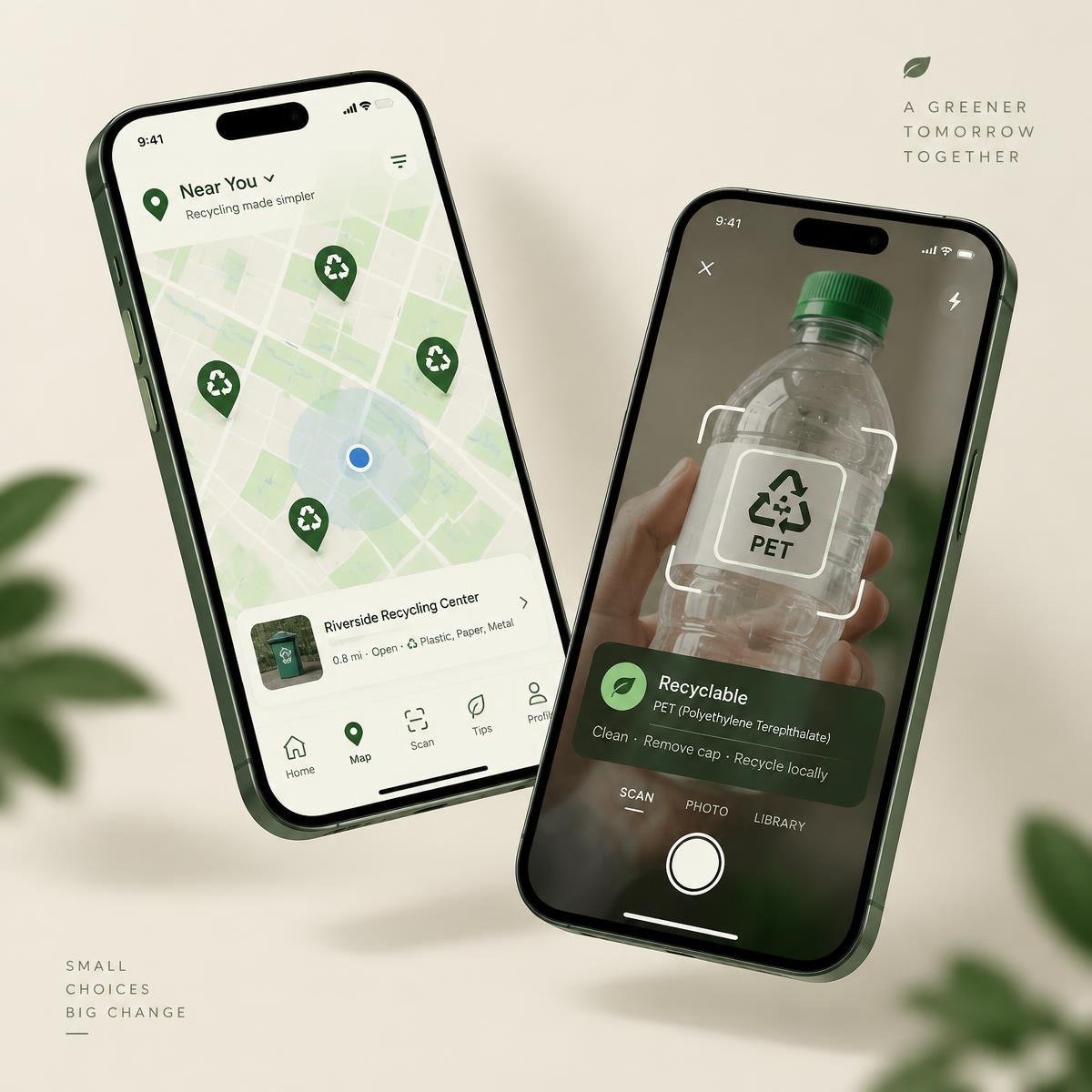 SUST-I app mockups showing recycling map and AI scanner